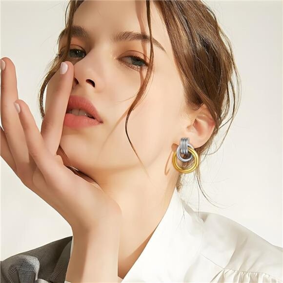 Two Tone Geometric Link Earrings | Lightweight Statement Dangle Studs - Picture 4 of 5